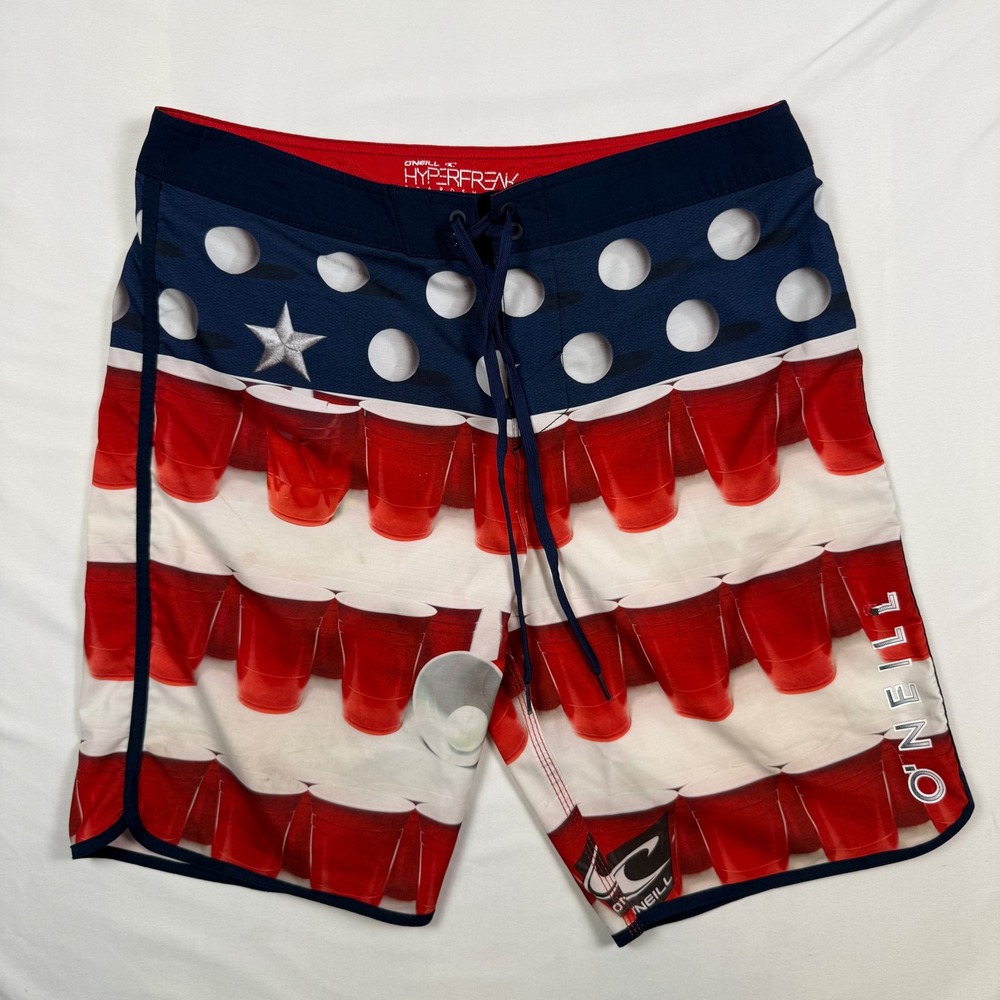 ONeill Hyperfreak Board Shorts Mens 33 Beer Pong Red Solo Cup Patriotic USA